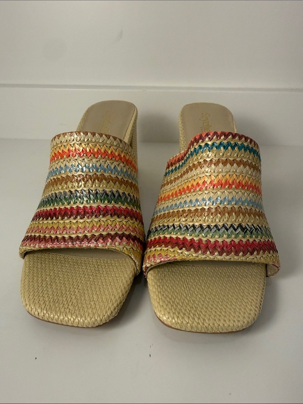 Seychelles “Adapt" Multicolor Raffia Block Heel Woven Mules - Size 8